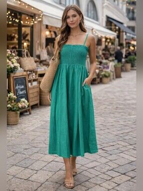 DD77 SMOCKED MIDI/MAXI DRESS SZ L POCKETS